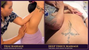 Split image showing Thai massage stretching and table-based deep tissue massage